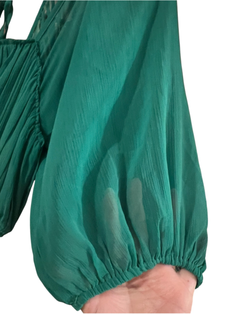 Emerald Green Boho Maxi Dress Puff Sleeve Smocked Waist Size S - Picture 4 of 6